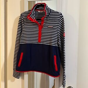 Vineyard Vines navy and white stripe with red trim Shep Shirt - Size Large